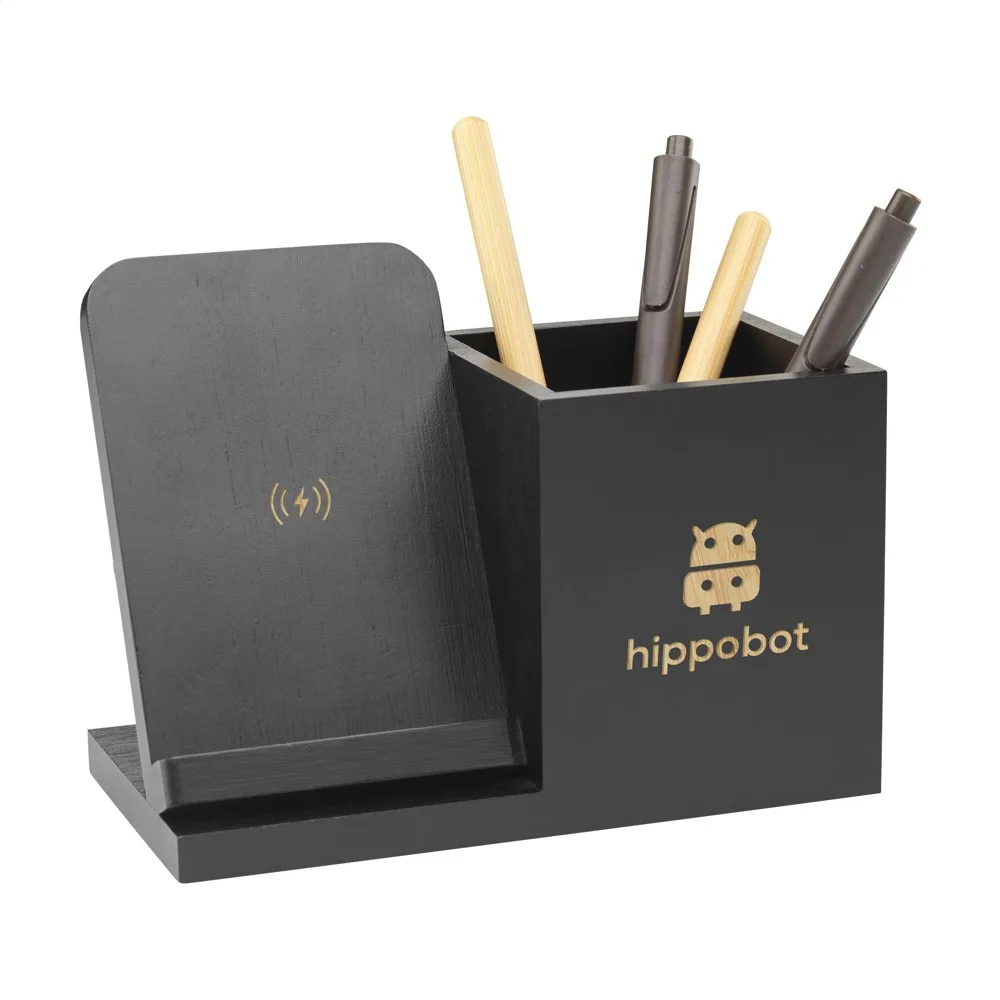 Bamboo Boss 15W draadloze opladerpenhouder zwart ± pms black - Hidalgo-werbeartikel Bamboo Boss 15W draadloze oplader/penhouder, zwart (± pms black)