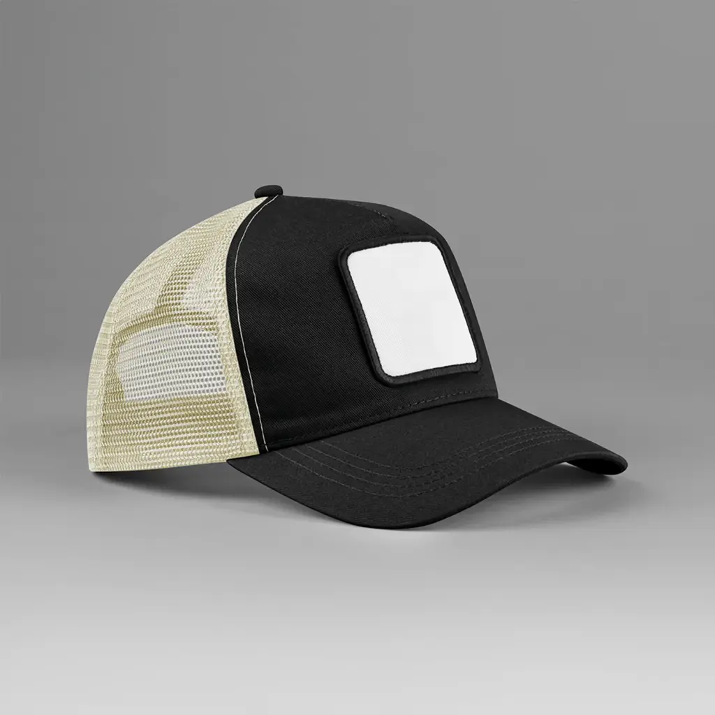 PS_B636-S_BLACK-STONE - Hidalgo 5-panel trucker pet met vierkante patch, black/stone — productfoto 5