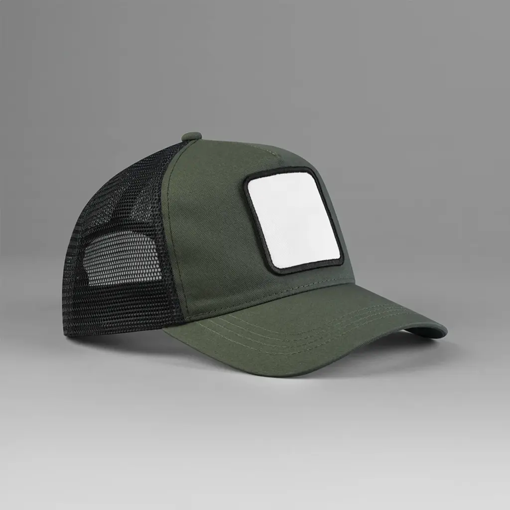 PS_B636-S_OLIVEGREEN-BLACK - Hidalgo 5-panel trucker pet met vierkante patch, olive green / black — productfoto 6