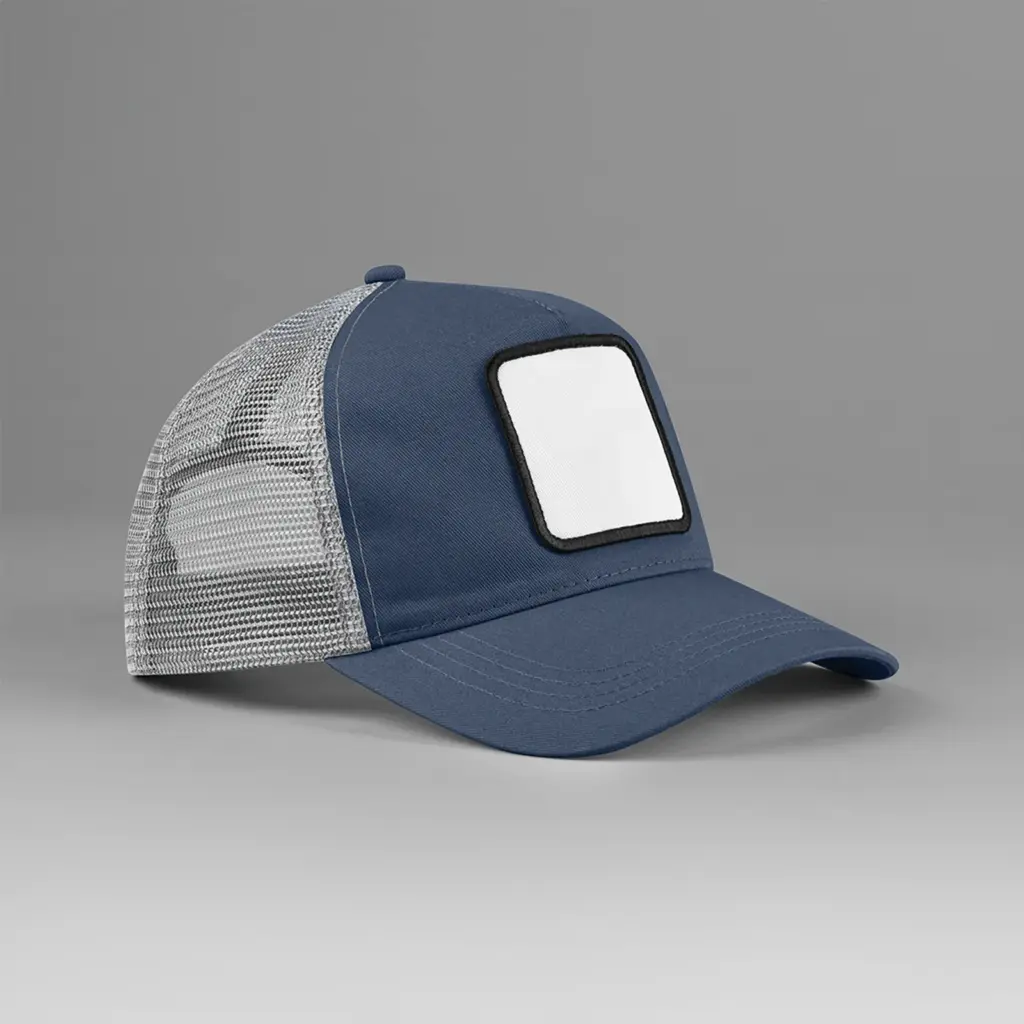 PS_B636-S_SLATEBLUE-LIGHTGREY - Hidalgo 5-panel trucker pet met vierkante patch, slate blue/light grey — productfoto 7