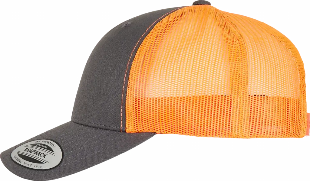 Tweekleurige Retro Truckerpet, charcoal / neon orange — productfoto 38