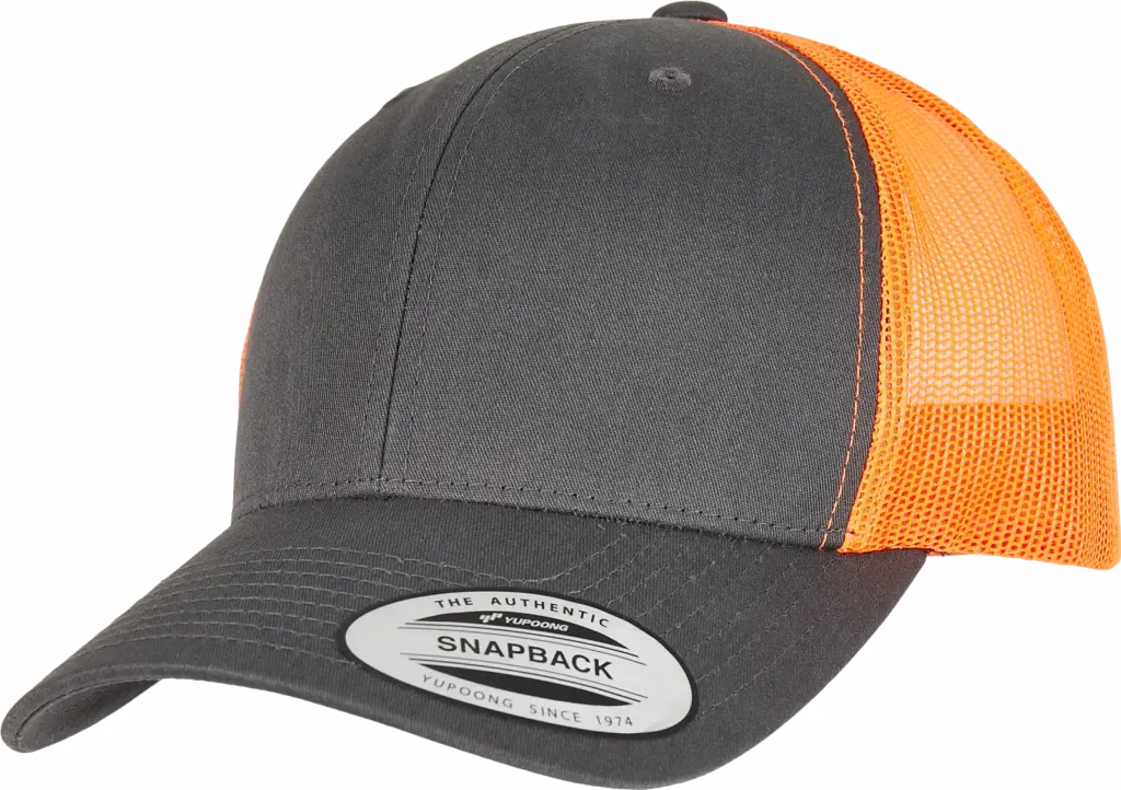 Tweekleurige Retro Truckerpet, charcoal / neon orange — productfoto 39