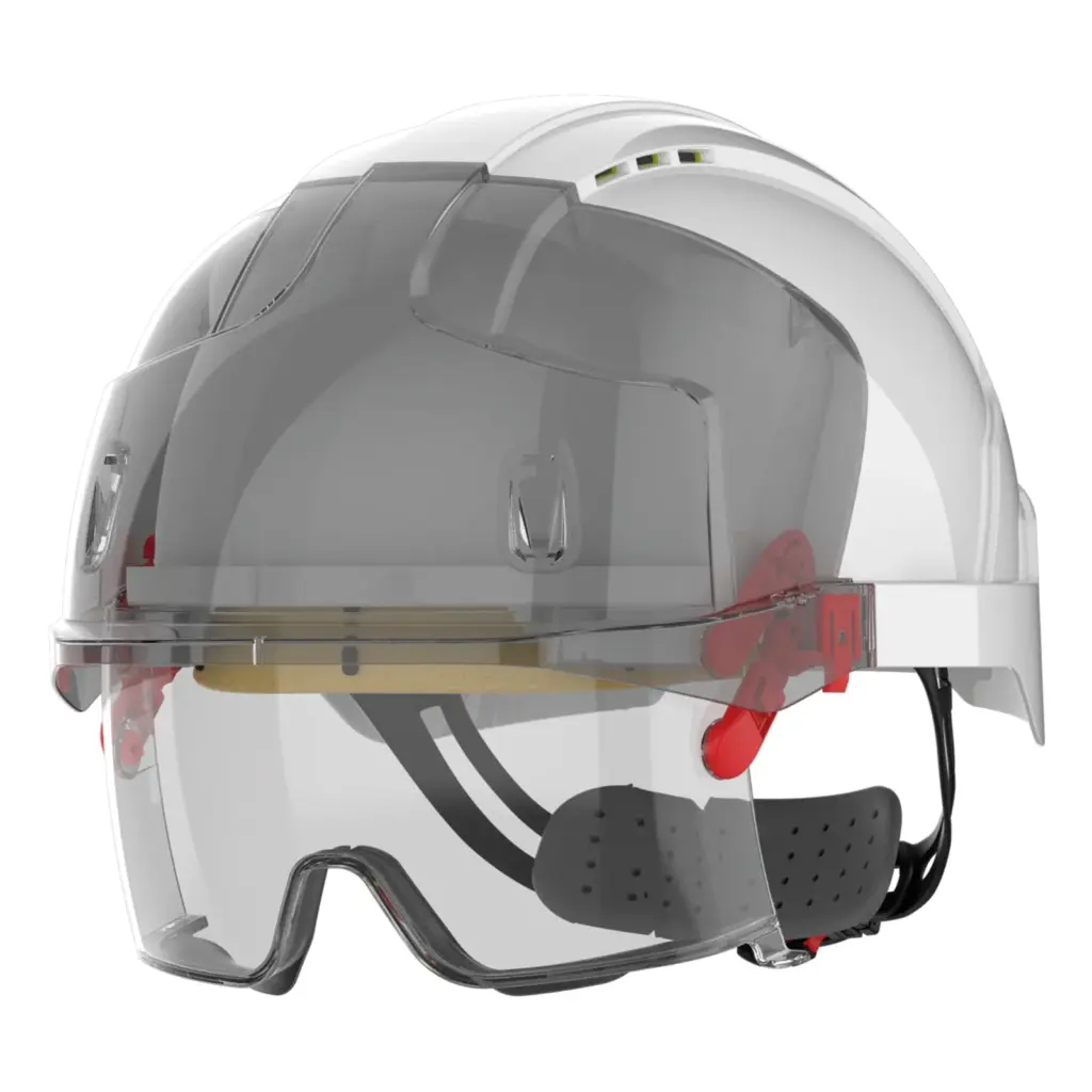PS_JSAMB170-FS_WHITE - Hidalgo-werbeartikel EVO® VISTAlens™ veiligheidshelm, microvizier, geventileerd, met geïntegreerd anticondens, antikras overzetbrilletje KN, white — productfoto 2