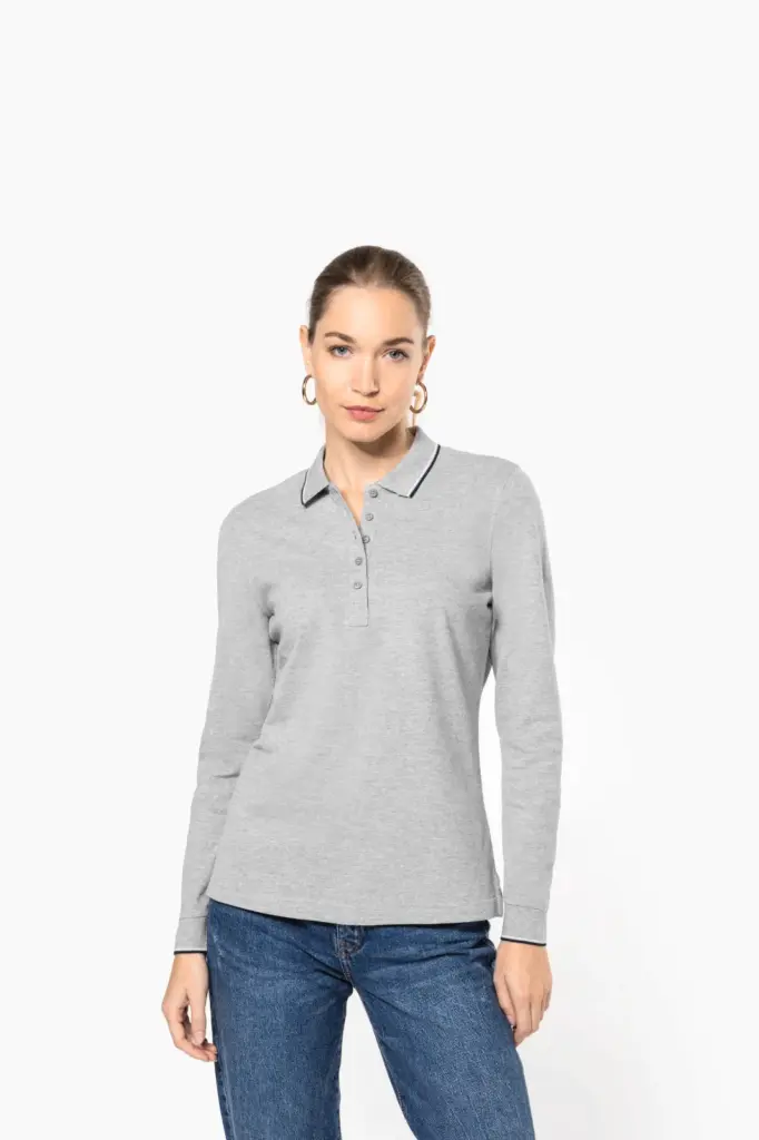 Dames polo van piquétricot met lange mouwen