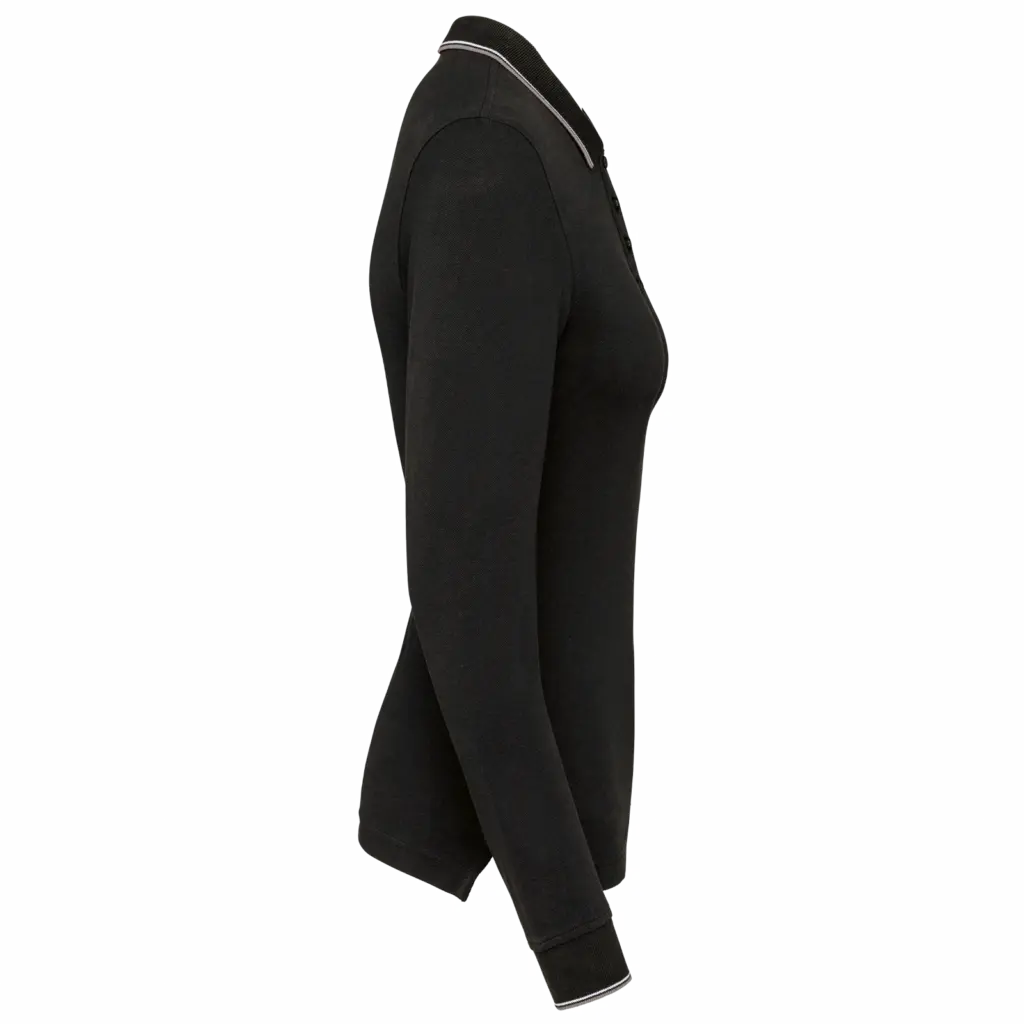 Dames polo van piquétricot met lange mouwen, black / light grey / white — productfoto 10