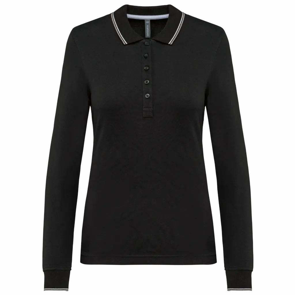 Dames polo van piquétricot met lange mouwen, black / light grey / white — productfoto 11