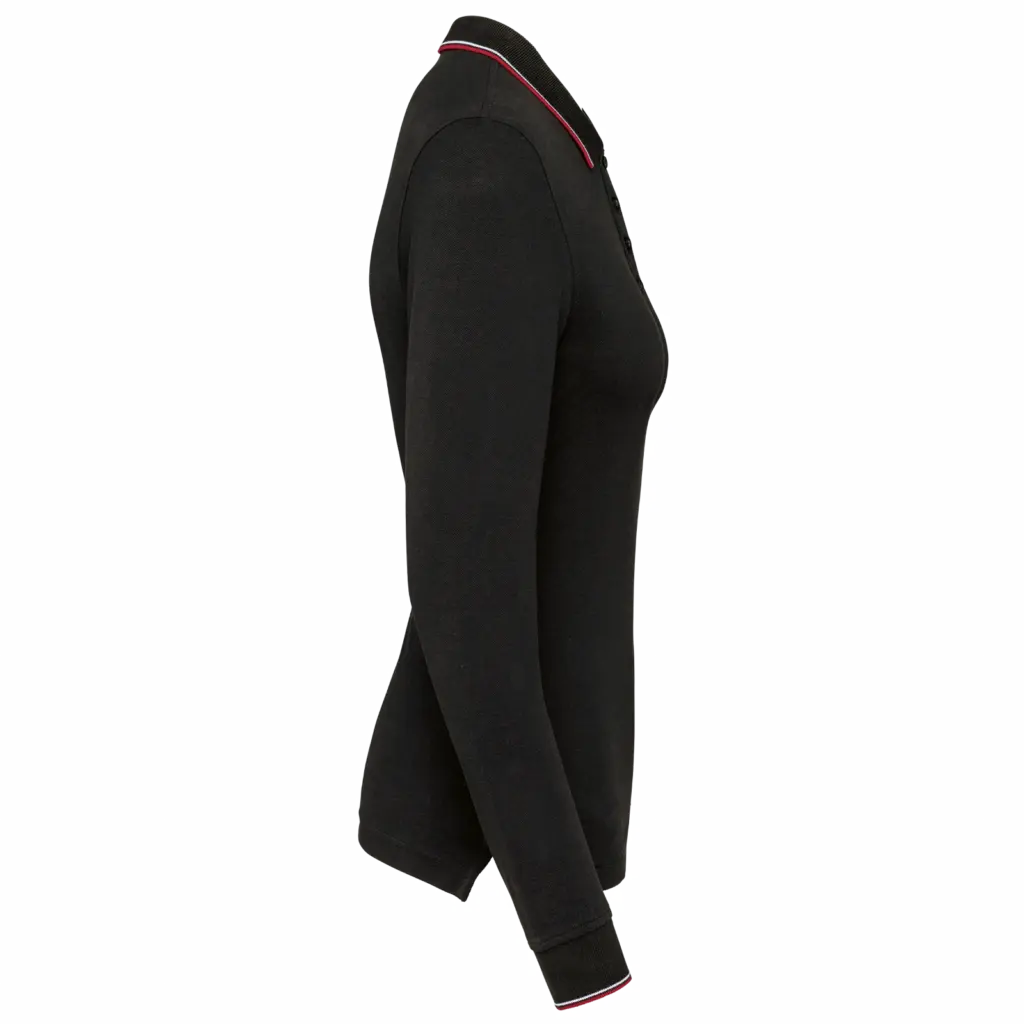 Dames polo van piquétricot met lange mouwen, black / red / white — productfoto 13