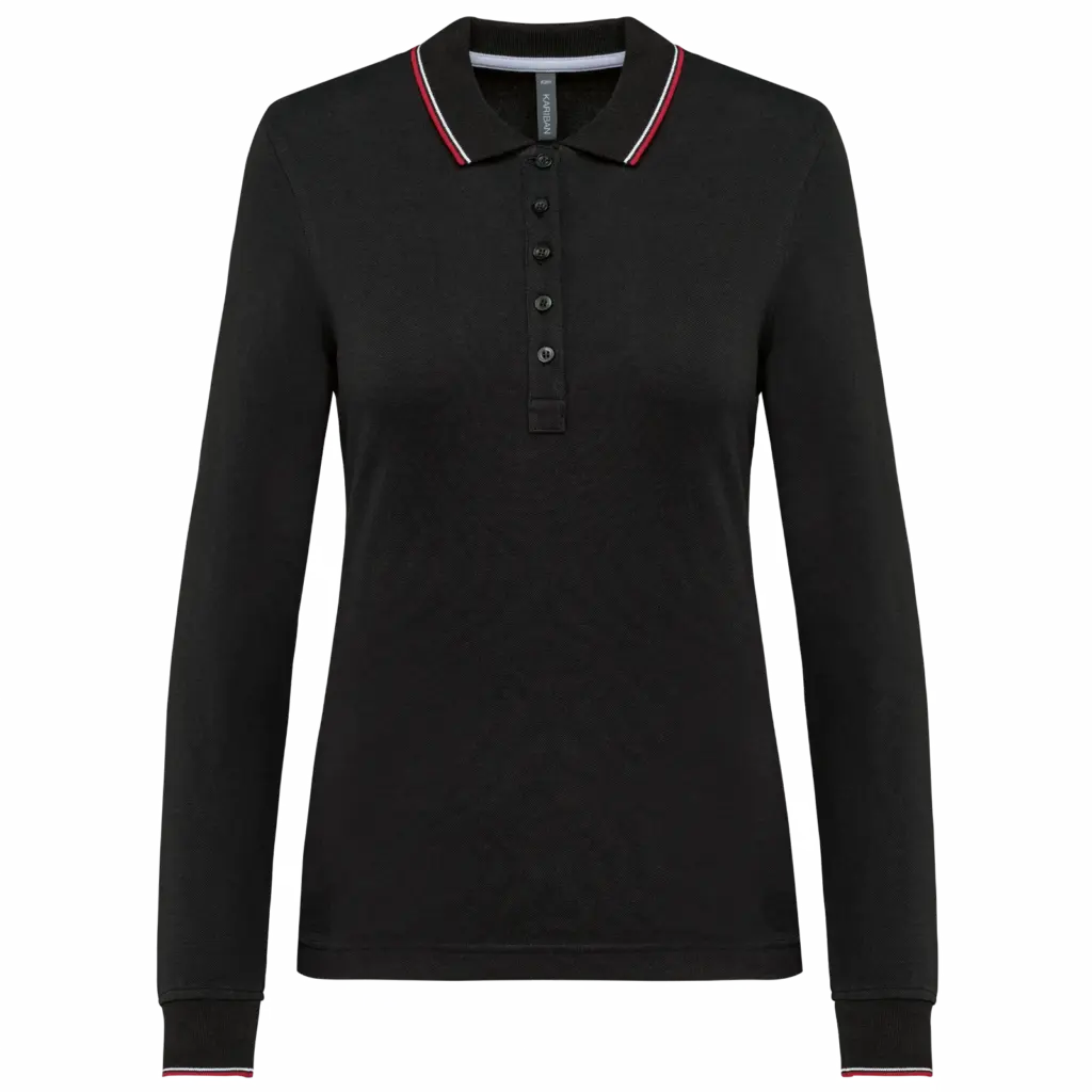 Dames polo van piquétricot met lange mouwen, black / red / white — productfoto 14