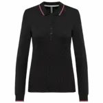 Dames polo van piquétricot met lange mouwen, black / red / white — productfoto 14