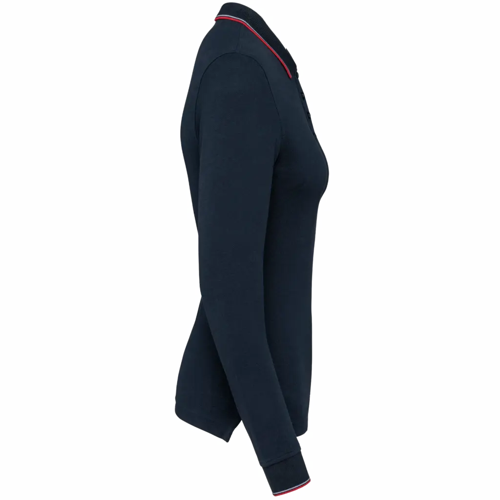 Dames polo van piquétricot met lange mouwen, navy / red / white — productfoto 16