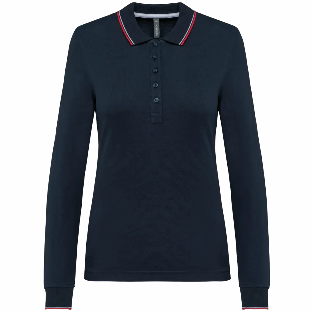 Dames polo van piquétricot met lange mouwen, navy / red / white — productfoto 17