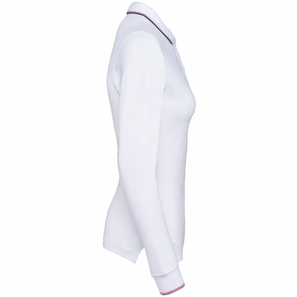 Dames polo van piquétricot met lange mouwen, white / navy / red — productfoto 22