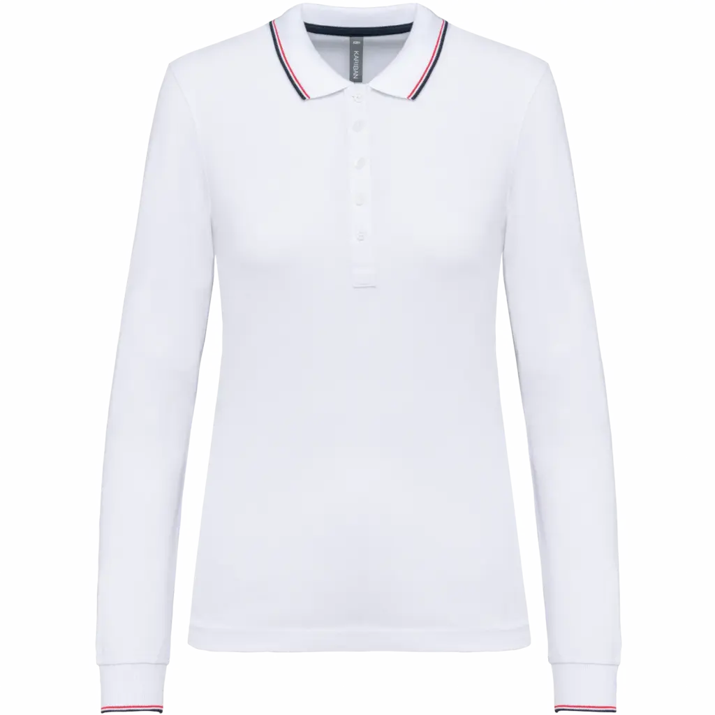 Dames polo van piquétricot met lange mouwen, white / navy / red — productfoto 23