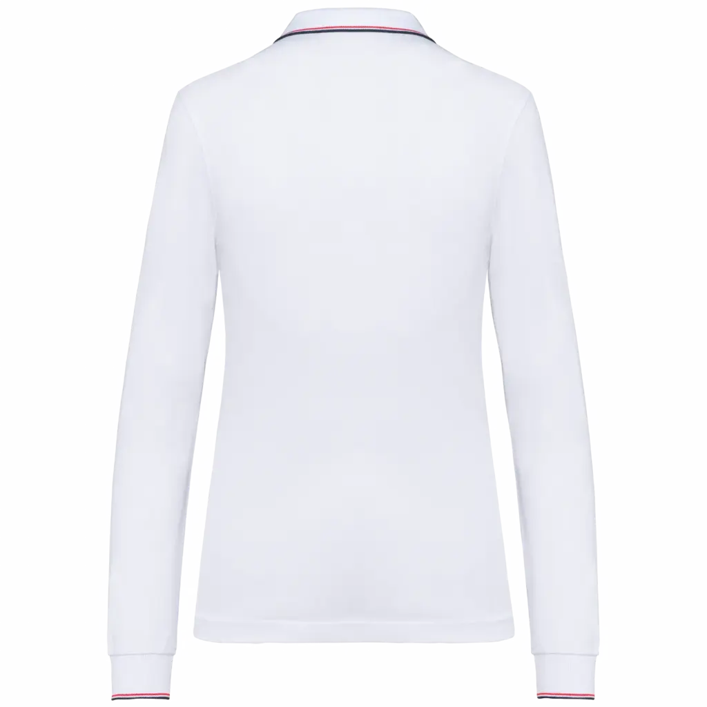 Dames polo van piquétricot met lange mouwen, white / navy / red — productfoto 24
