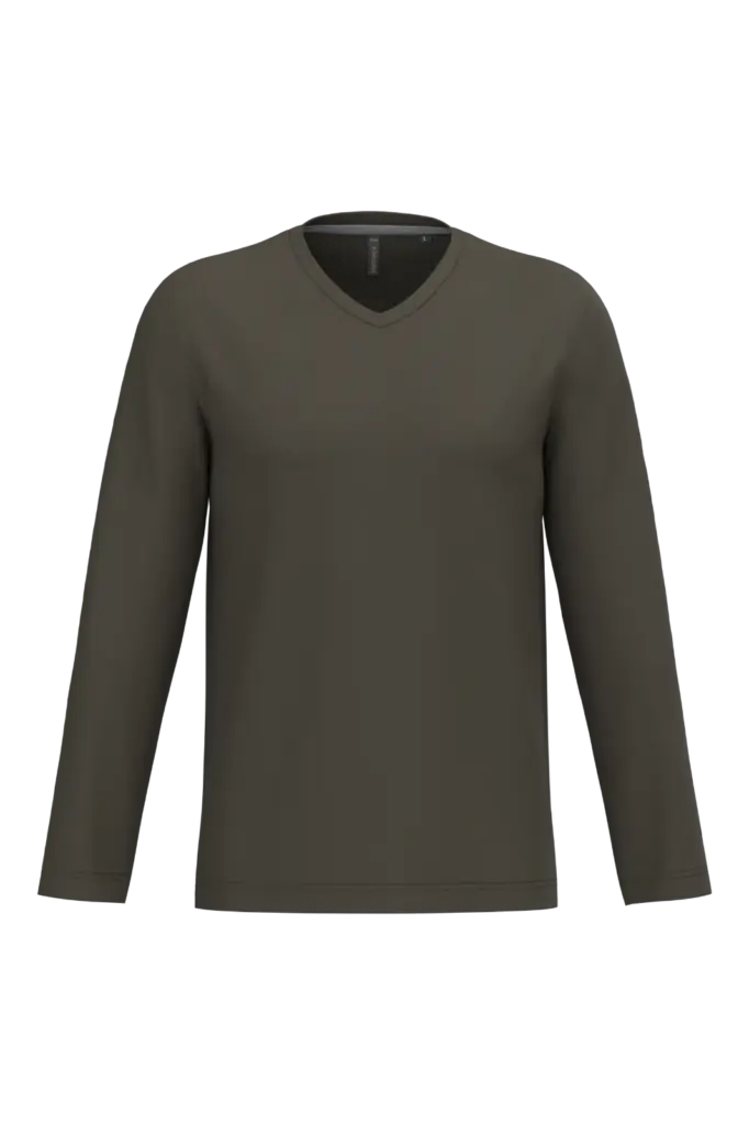 PS_K358_DARKKHAKI - Hidalgo-werbeartikel T-shirt V-hals lange mouwen — productfoto 20