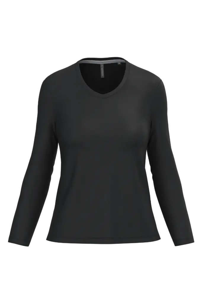 PS_K382_BLACK - Hidalgo-werbeartikel Dames T-shirt V-hals lange mouwen, black — productfoto 11