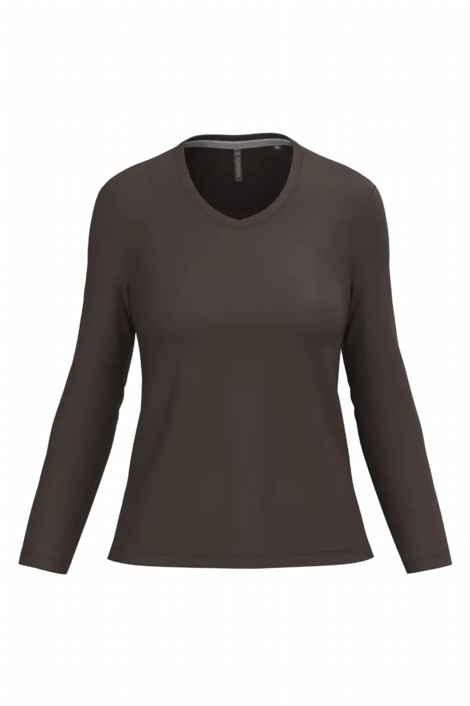 PS_K382_CHOCOLATE - Hidalgo-werbeartikel Dames T-shirt V-hals lange mouwen, chocolate — productfoto 14