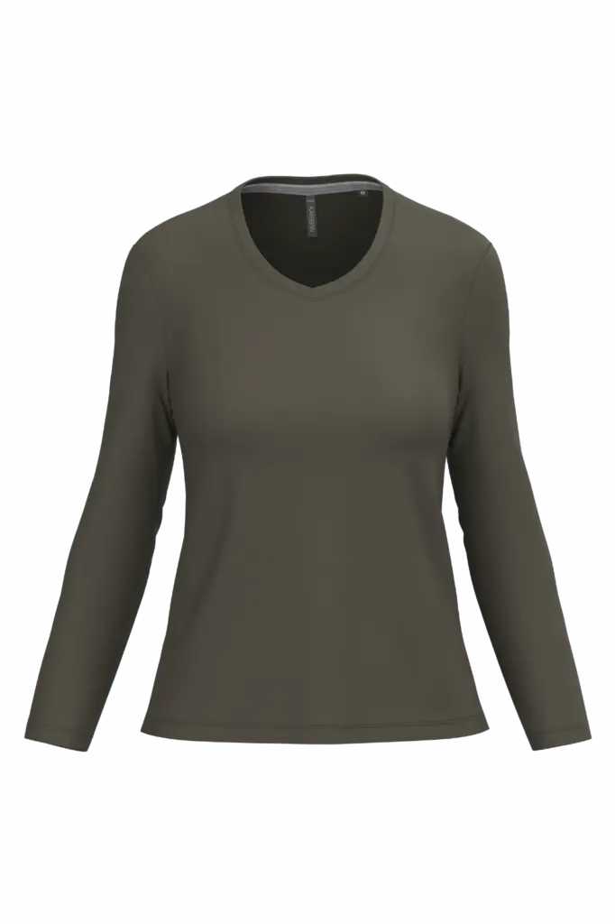 PS_K382_DARKKHAKI - Hidalgo-werbeartikel Dames T-shirt V-hals lange mouwen, dark khaki — productfoto 20