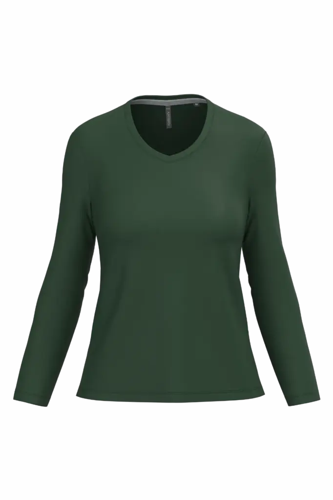 PS_K382_FORESTGREEN - Hidalgo-werbeartikel Dames T-shirt V-hals lange mouwen, forest green — productfoto 23