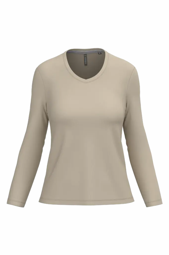 PS_K382_LIGHTSAND - Hidalgo-werbeartikel Dames T-shirt V-hals lange mouwen, light sand — productfoto 35