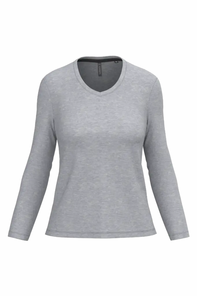 PS_K382_OXFORDGREY - Hidalgo-werbeartikel Dames T-shirt V-hals lange mouwen, oxford grey — productfoto 47