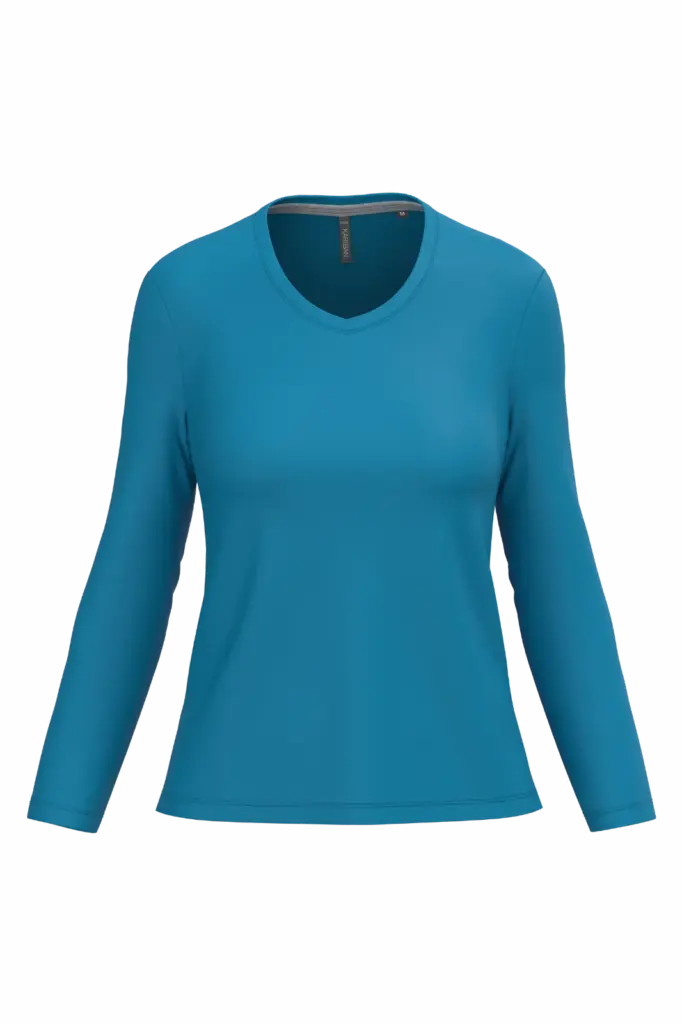 PS_K382_TROPICALBLUE - Hidalgo-werbeartikel Dames T-shirt V-hals lange mouwen, tropical blue — productfoto 62