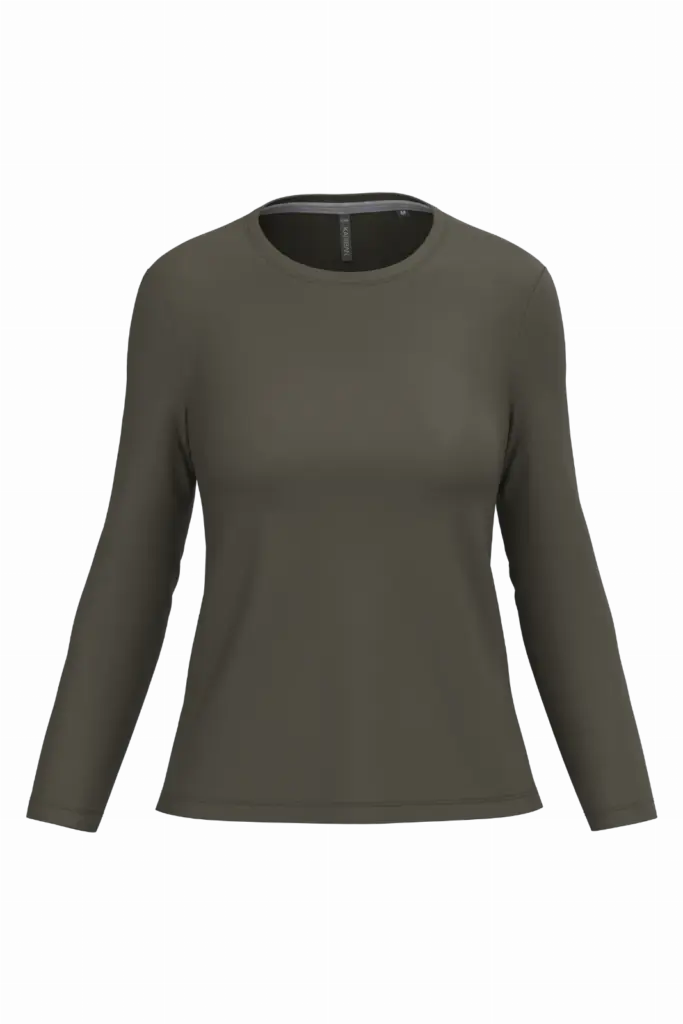 Dames T-shirt ronde hals lange mouwen, dark khaki — productfoto 18
