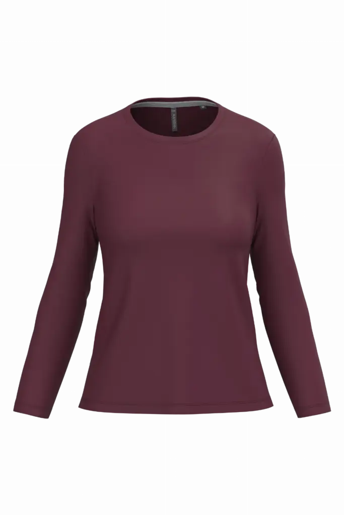 Dames T-shirt ronde hals lange mouwen, wine — productfoto 34