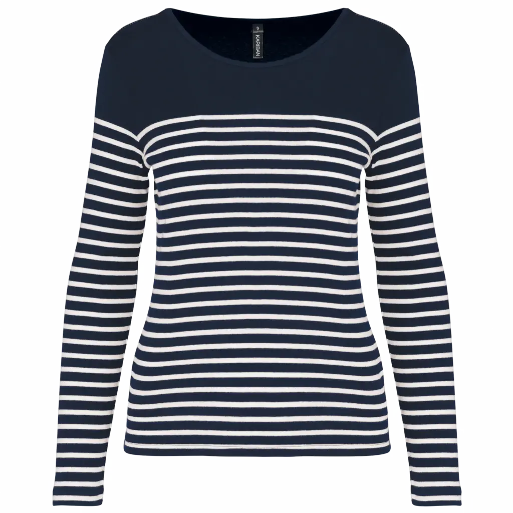 Gestreept dames-T-shirt lange mouwen, navy / white stripes — productfoto 8