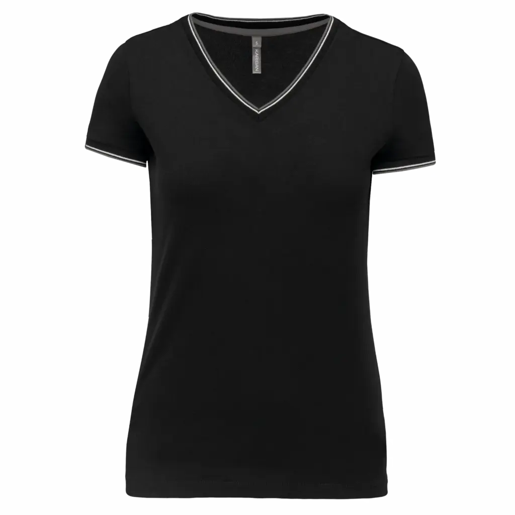 Dames-T-shirt piqué V-hals, black / light grey / white — productfoto 8