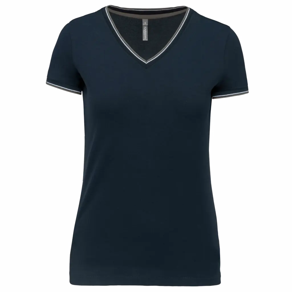 Dames-T-shirt piqué V-hals, navy / light grey / white — productfoto 11
