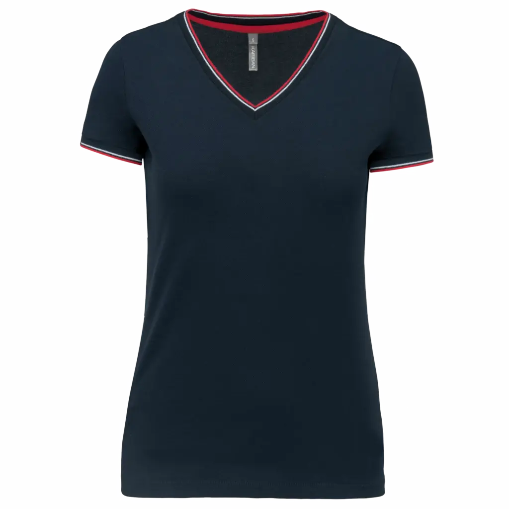 Dames-T-shirt piqué V-hals, navy / red / white — productfoto 14