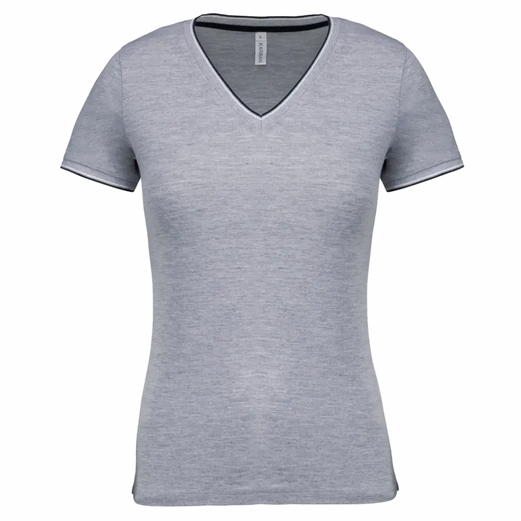 Dames-T-shirt piqué V-hals, oxford grey / navy / white — productfoto 17