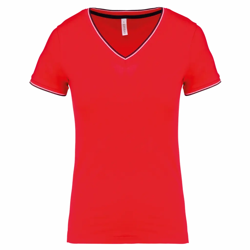 Dames-T-shirt piqué V-hals, red / navy / white — productfoto 20