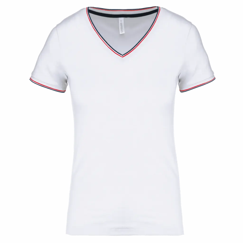 Dames-T-shirt piqué V-hals, white / navy / red — productfoto 23