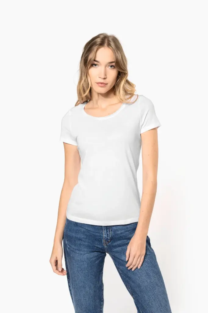 Bio dames-T-shirt kraag met onafgewerkte rand korte mouwen