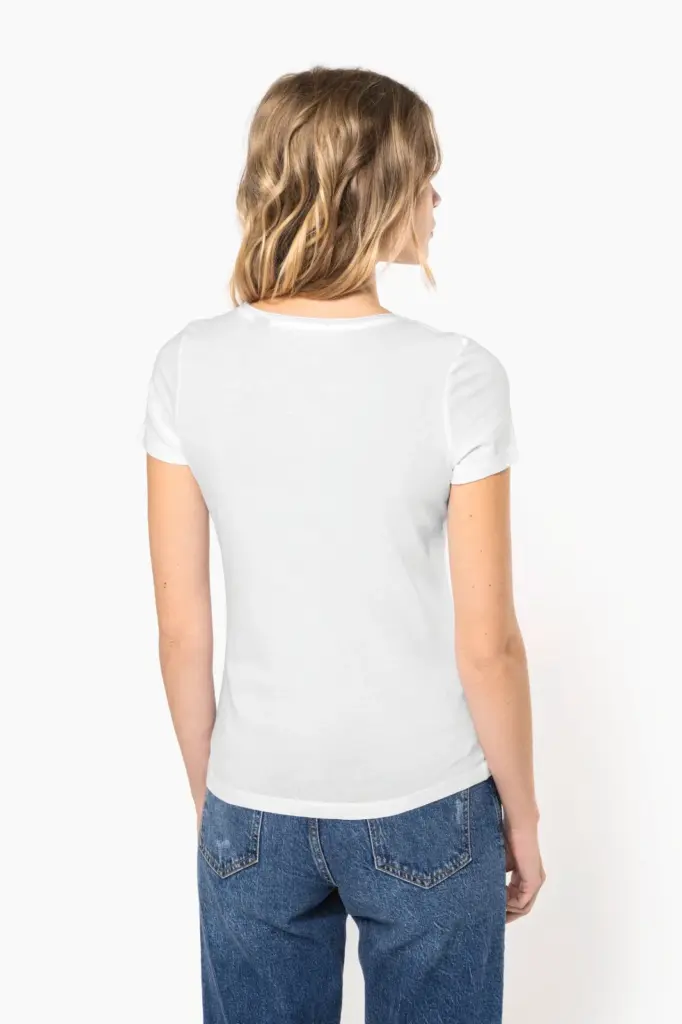 Bio dames-T-shirt kraag met onafgewerkte rand korte mouwen — productfoto 2