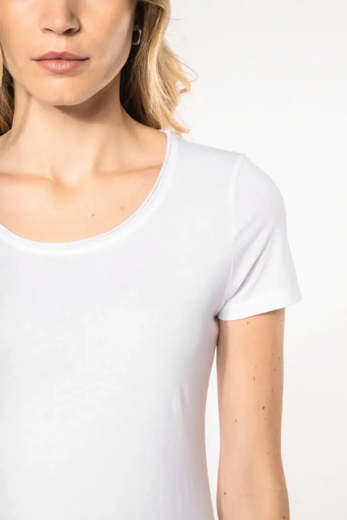 Bio dames-T-shirt kraag met onafgewerkte rand korte mouwen — productfoto 3