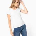 Bio dames-T-shirt kraag met onafgewerkte rand korte mouwen — productfoto 4