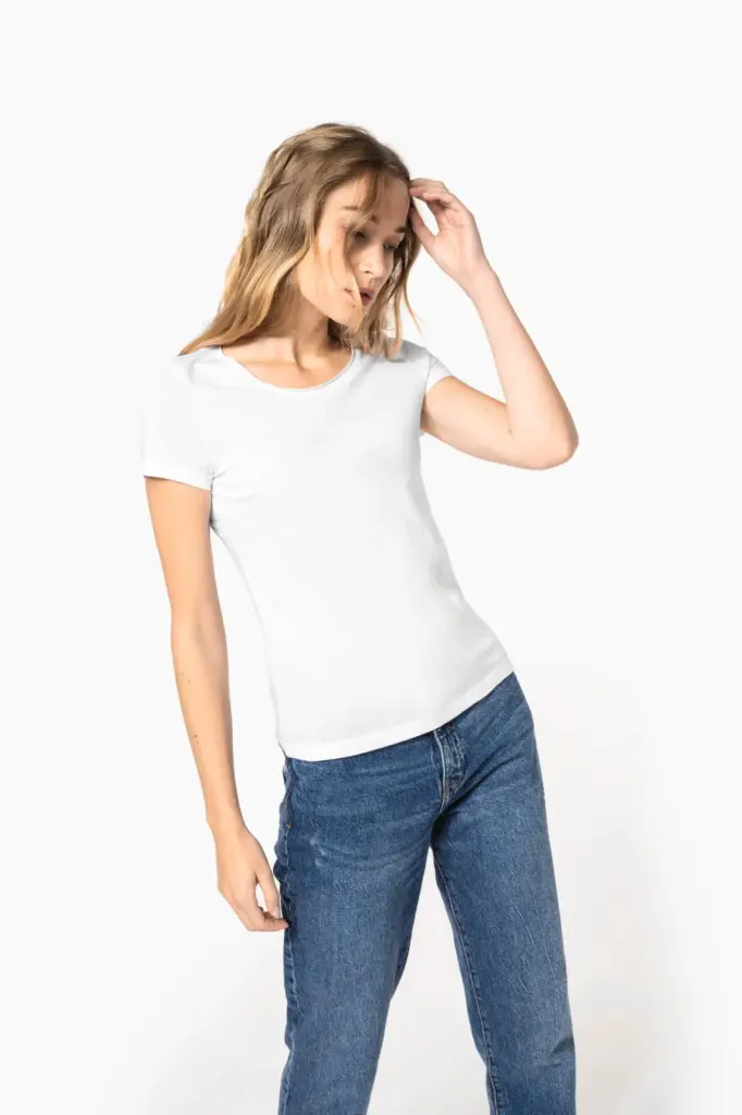Bio dames-T-shirt kraag met onafgewerkte rand korte mouwen — productfoto 4