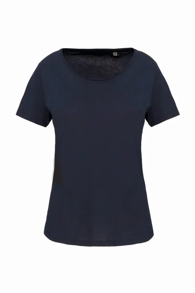 Bio dames-T-shirt kraag met onafgewerkte rand korte mouwen, navy — productfoto 6