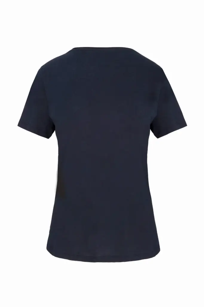 Bio dames-T-shirt kraag met onafgewerkte rand korte mouwen, navy — productfoto 7
