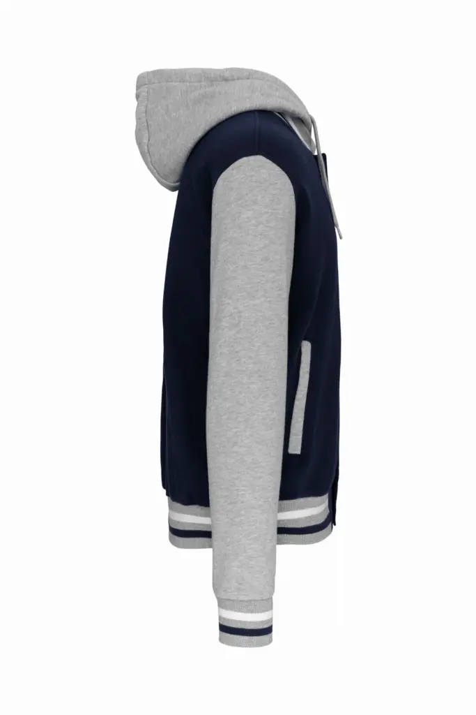 College jacket met capuchon unisex, navy / oxford grey / white — productfoto 15