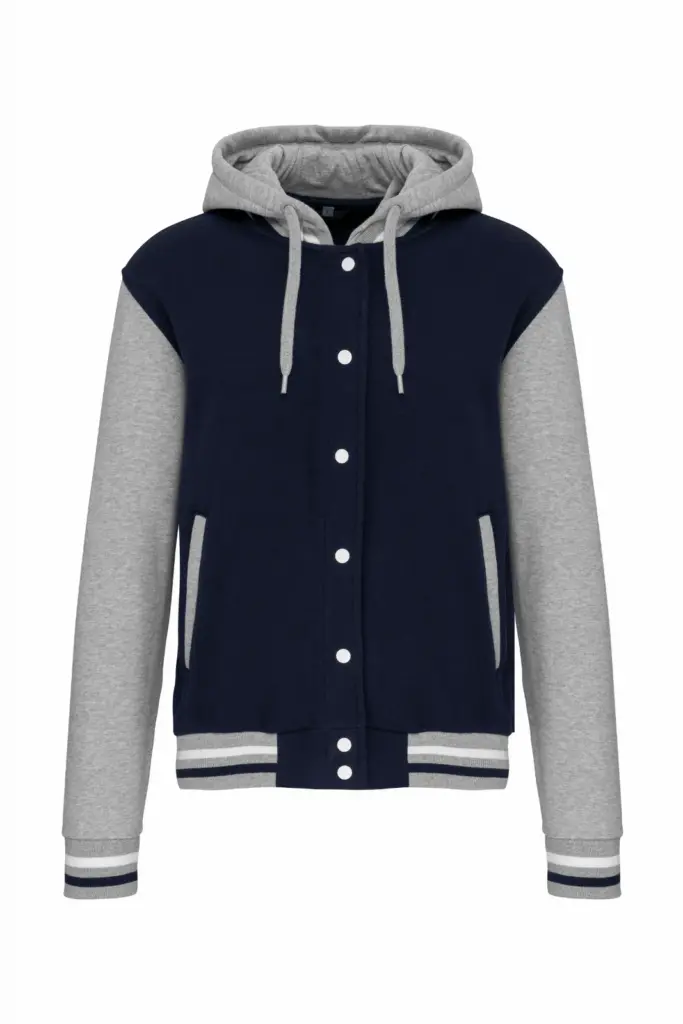 College jacket met capuchon unisex, navy / oxford grey / white — productfoto 16