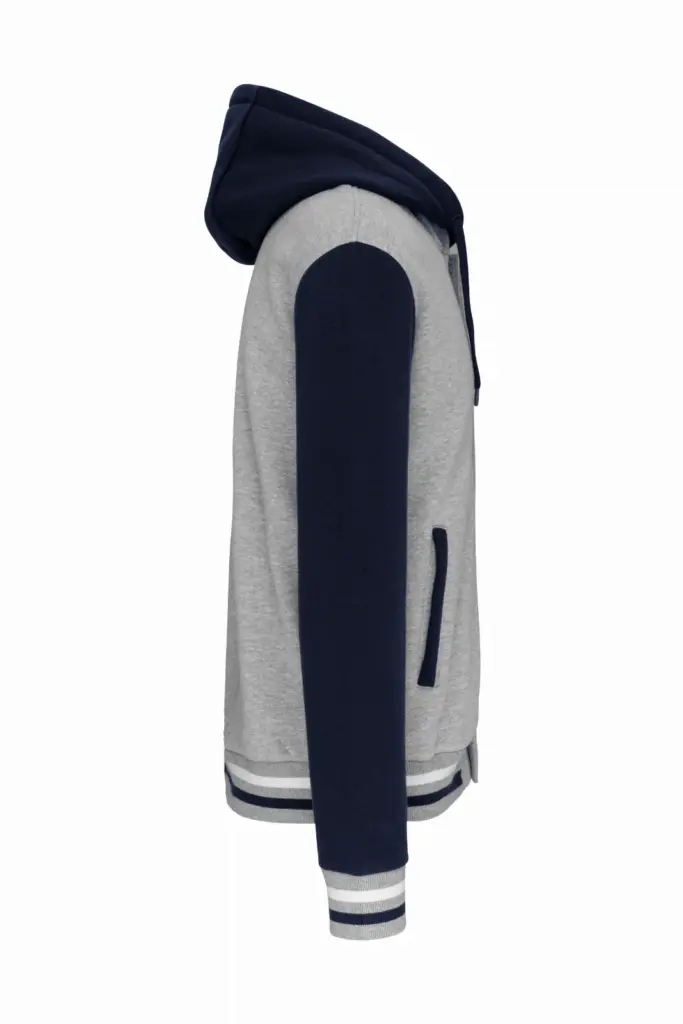 College jacket met capuchon unisex, oxford grey / navy / white — productfoto 18