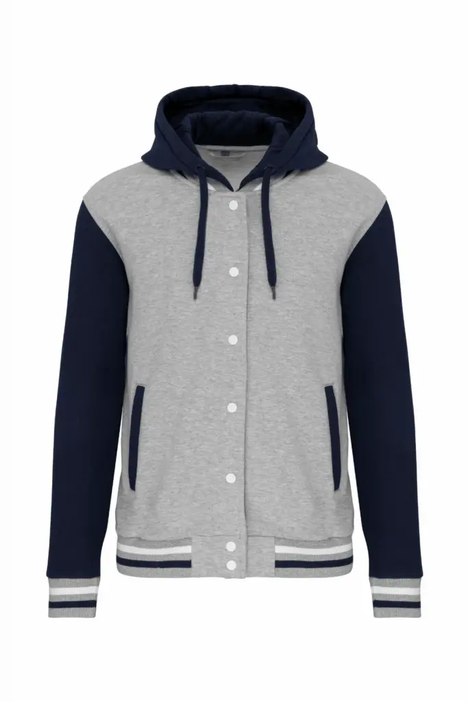 College jacket met capuchon unisex, oxford grey / navy / white — productfoto 19