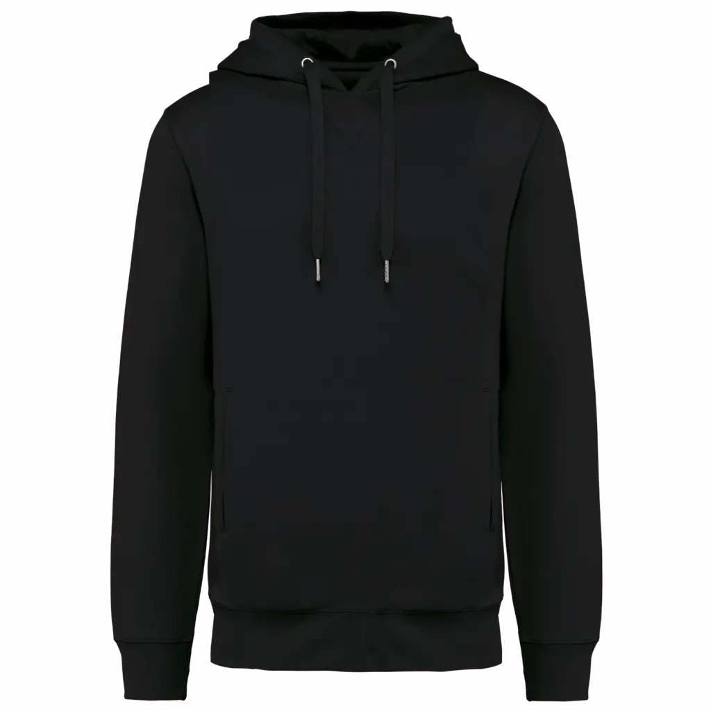 Ecologische uniseks sweater met capuchon, black — productfoto 16