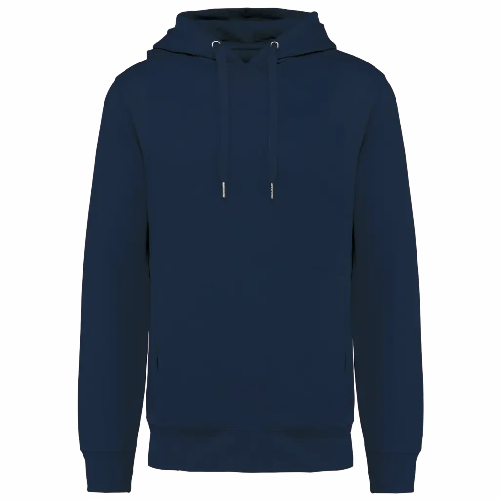 Ecologische uniseks sweater met capuchon, navy — productfoto 19