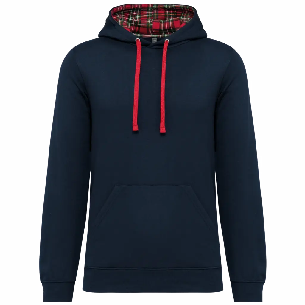 PS_K4013_NAVY-REDTARTAN - Hidalgo Unisex sweater met capuchon met contrasterend motief, navy / red tartan — productfoto 21
