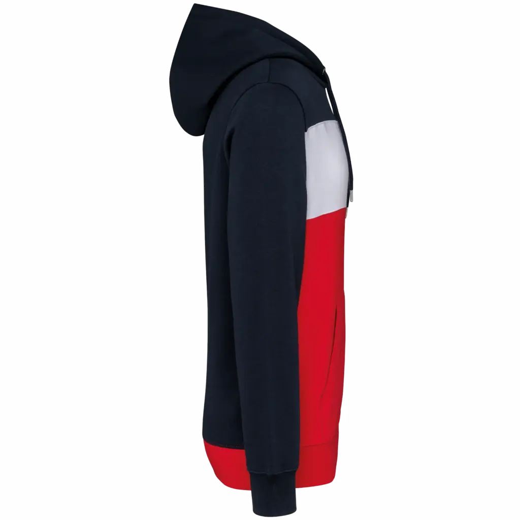 Driekleurige unisex sweater met capuchon, navy / white / red — productfoto 26